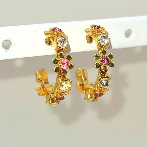 Floral Gold and Pink Hoop Earrings - Picture 1 of 4